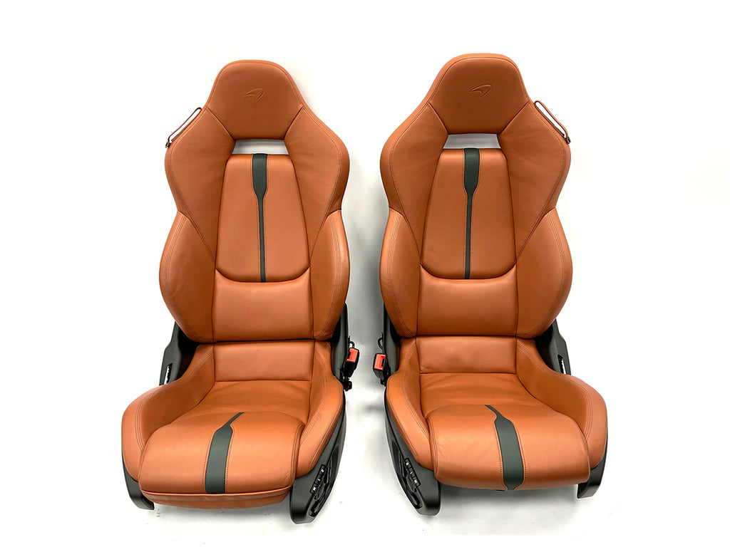 GENUINE MCLAREN 570S ELECTRIC COMFORT SEATS IN TAN LEATHER WITH BLACK STRIPE